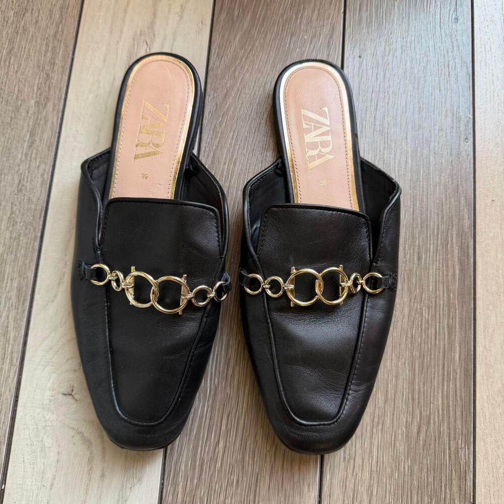 Zara black leather mule loafers